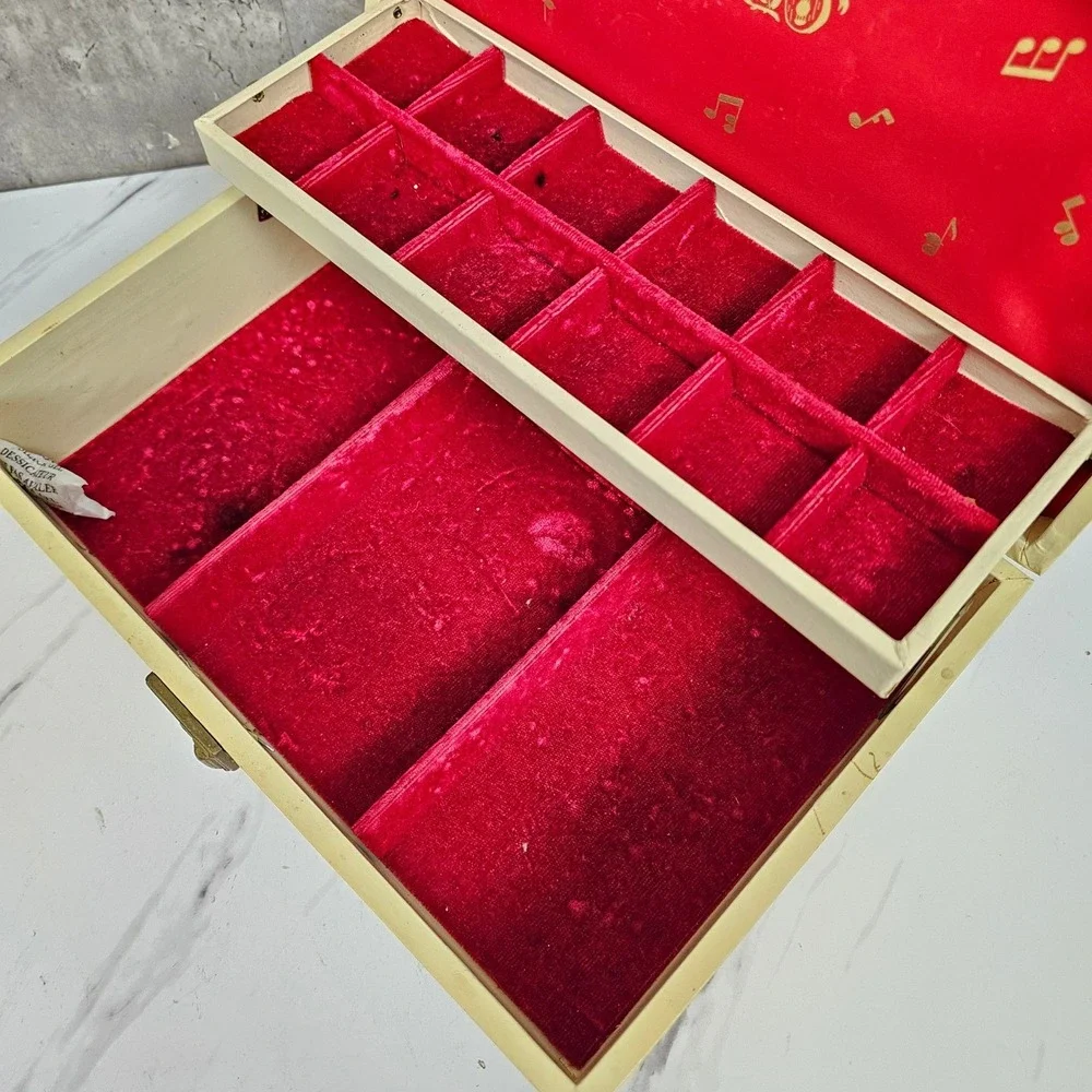 Vintage La Paloma Jewelry Box Cream & Red Velvet Musical Notes Storage Organizer